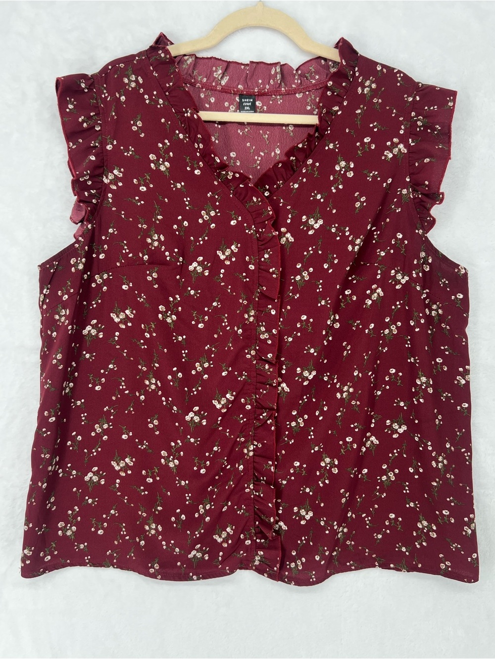 SHEIN Curve Burgundy Floral Ruffle Front Sleeveless Top Sz 2XL Prairie Feminine